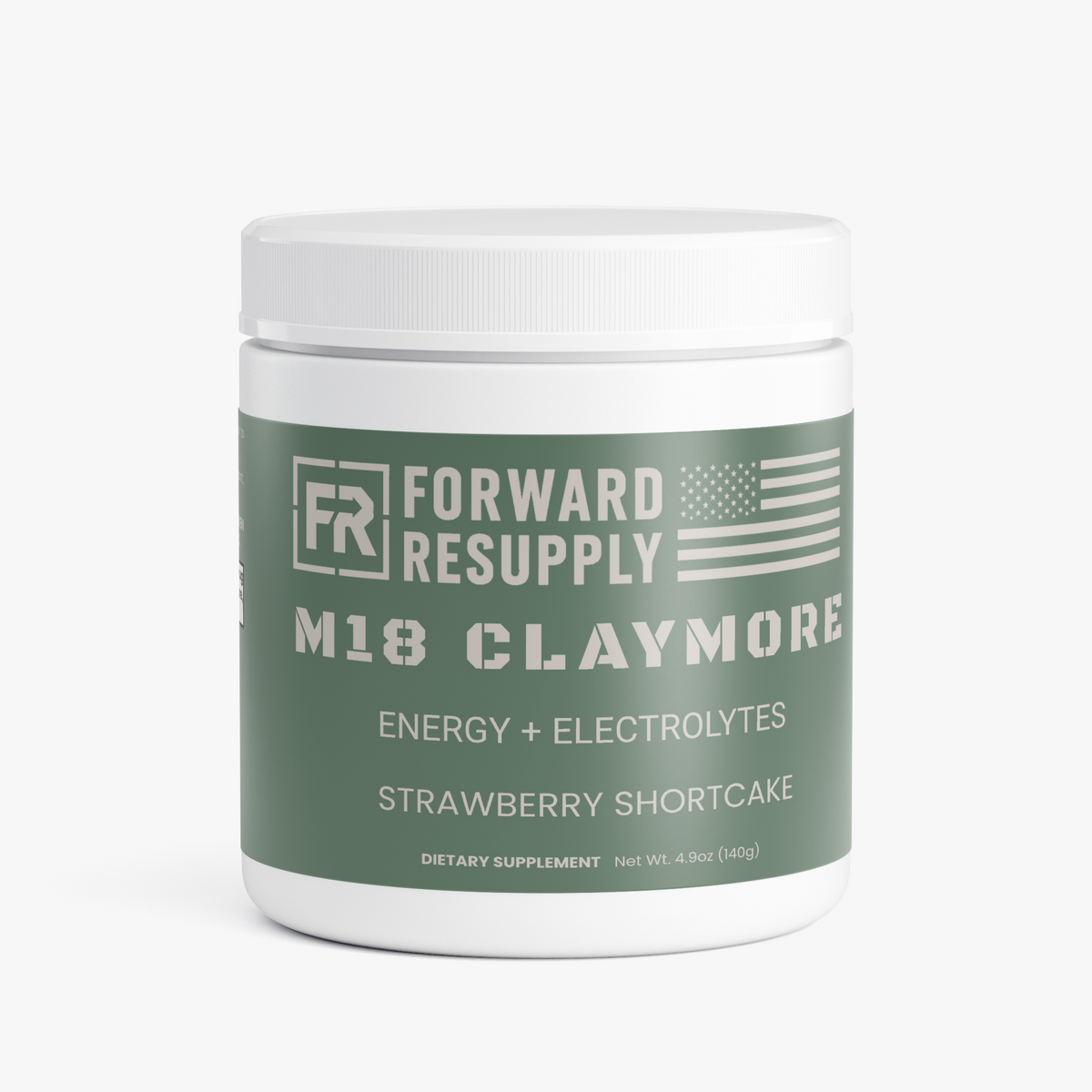 Energy + electrolytes supplement jar with green label, Strawberry Shortcake flavor