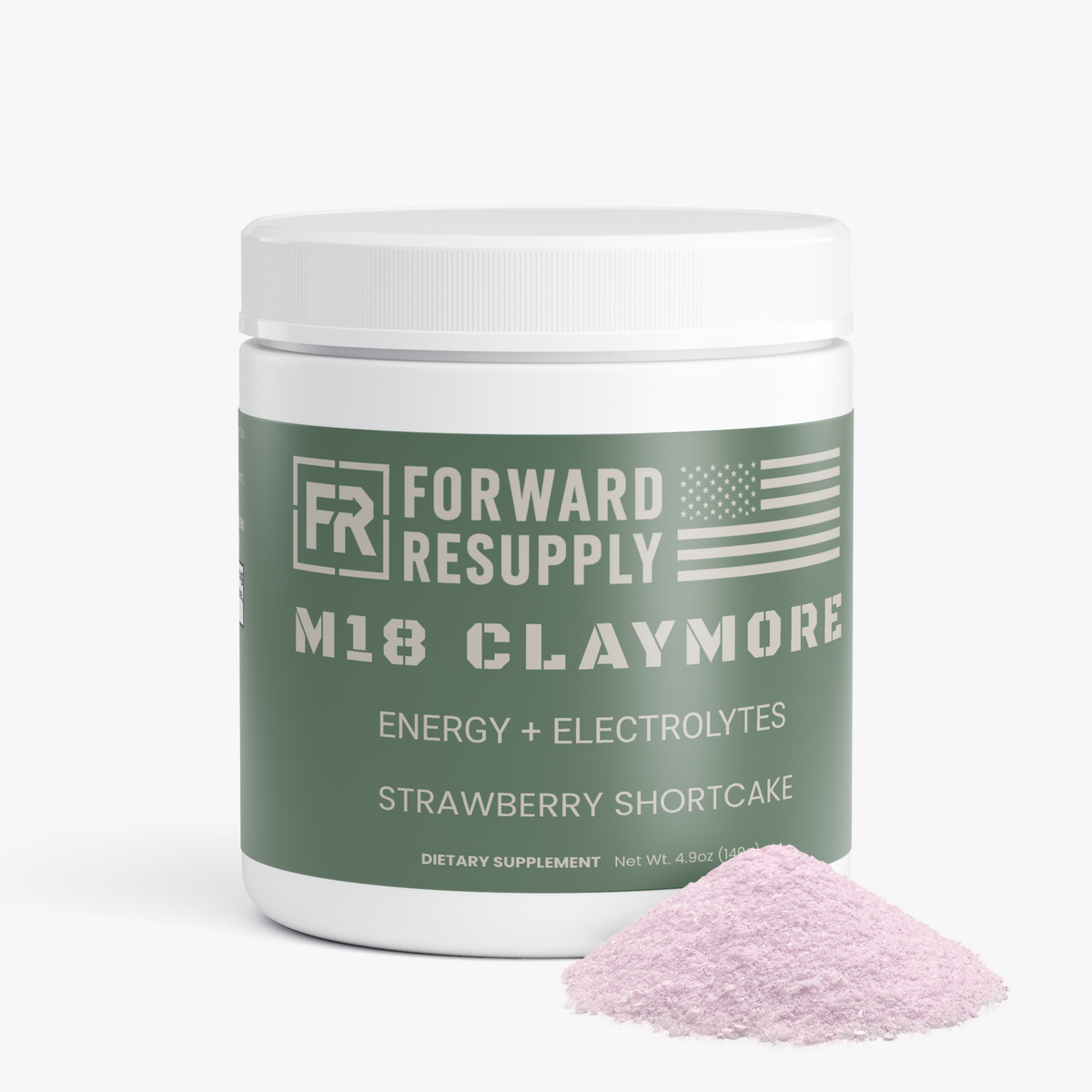 Energy + electrolytes supplement jar with green label and Strawberry Shortcake powder scoop