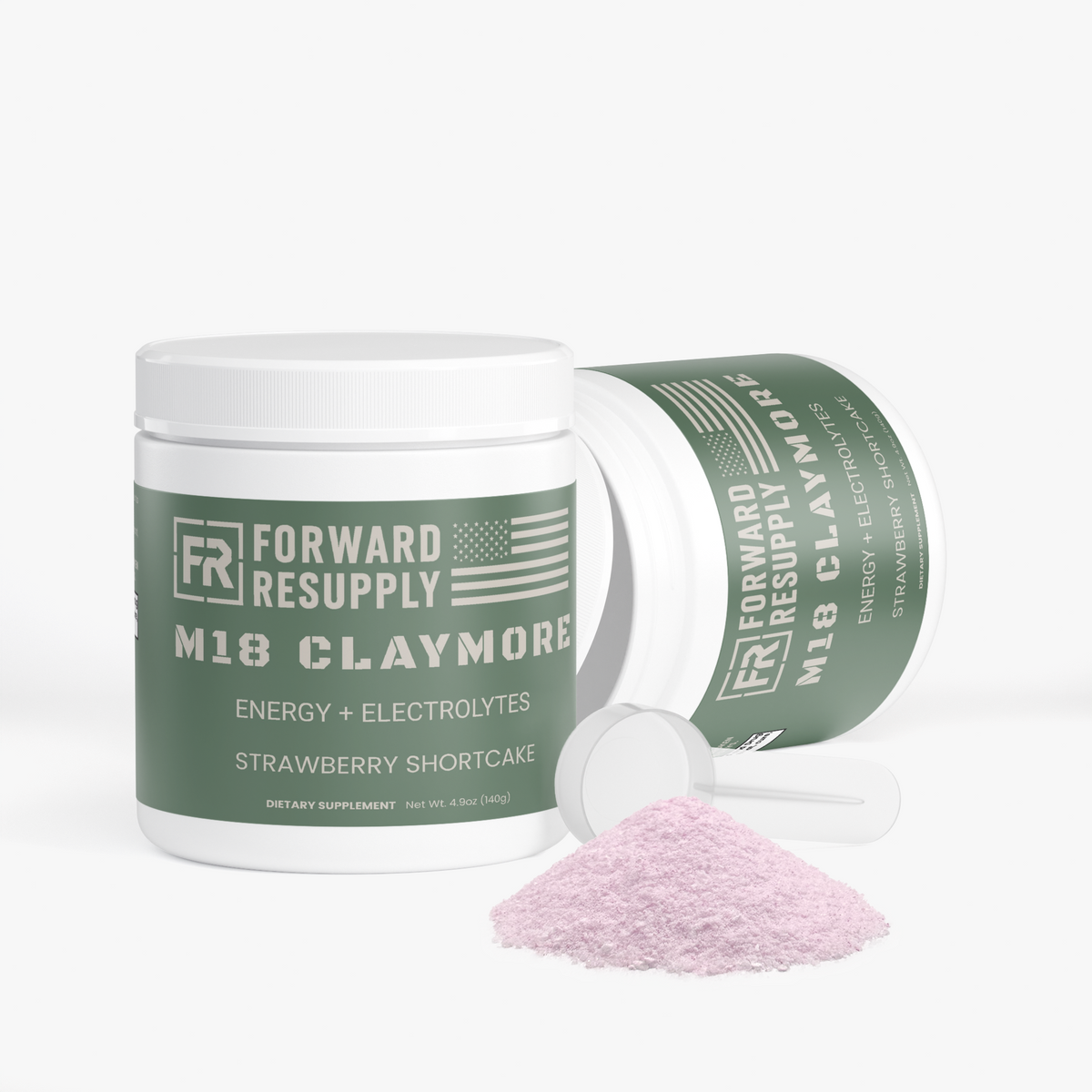 Energy + electrolytes supplement jar with tilted scoop and Strawberry Shortcake powder