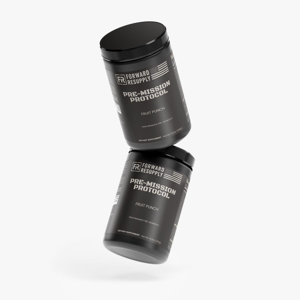 Two black supplement jars in angled view with Fruit Punch label