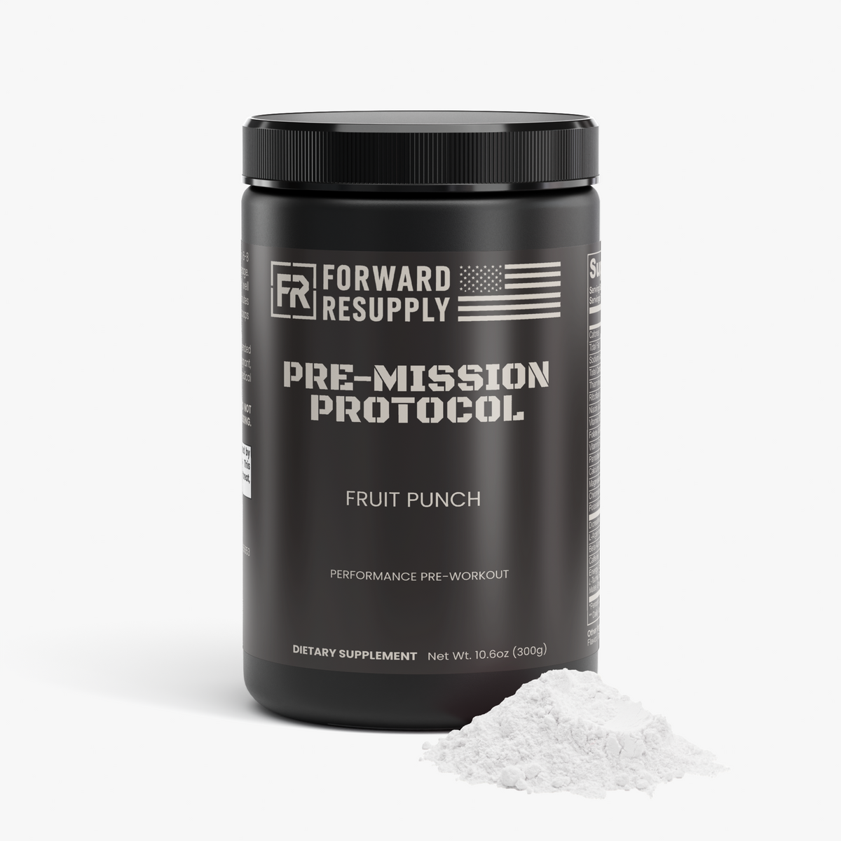 Black supplement jar for Fruit Punch with white powder spill beside it
