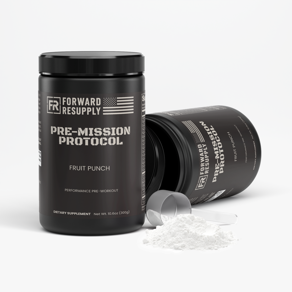 Two black supplement jars labeled Fruit Punch with white powder and scoop