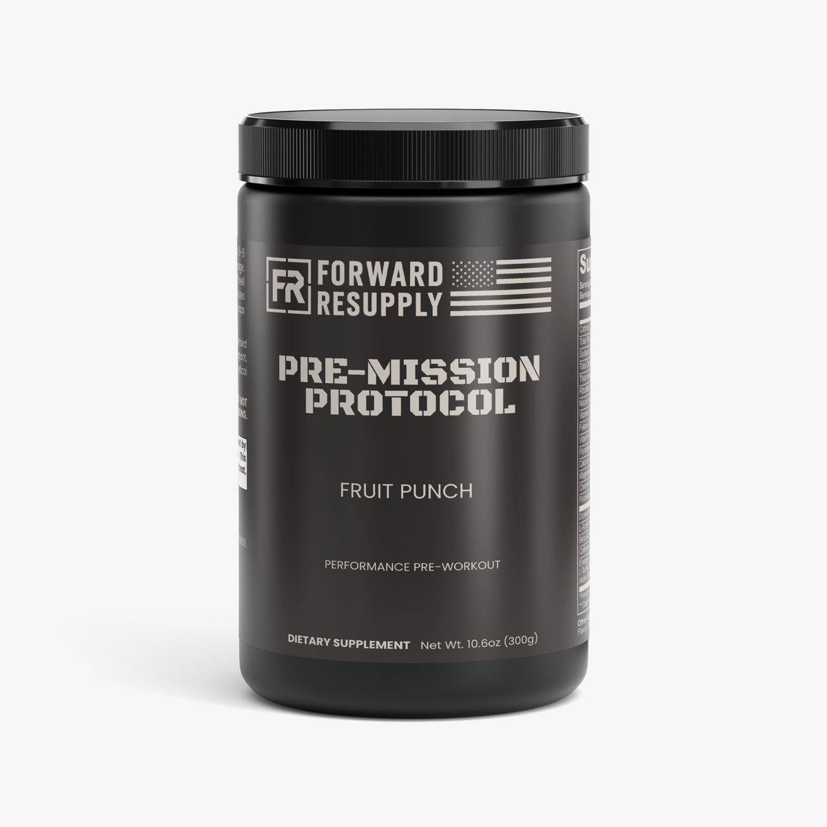 Black pre-workout supplement jar with Fruit Punch label and screw-top lid
