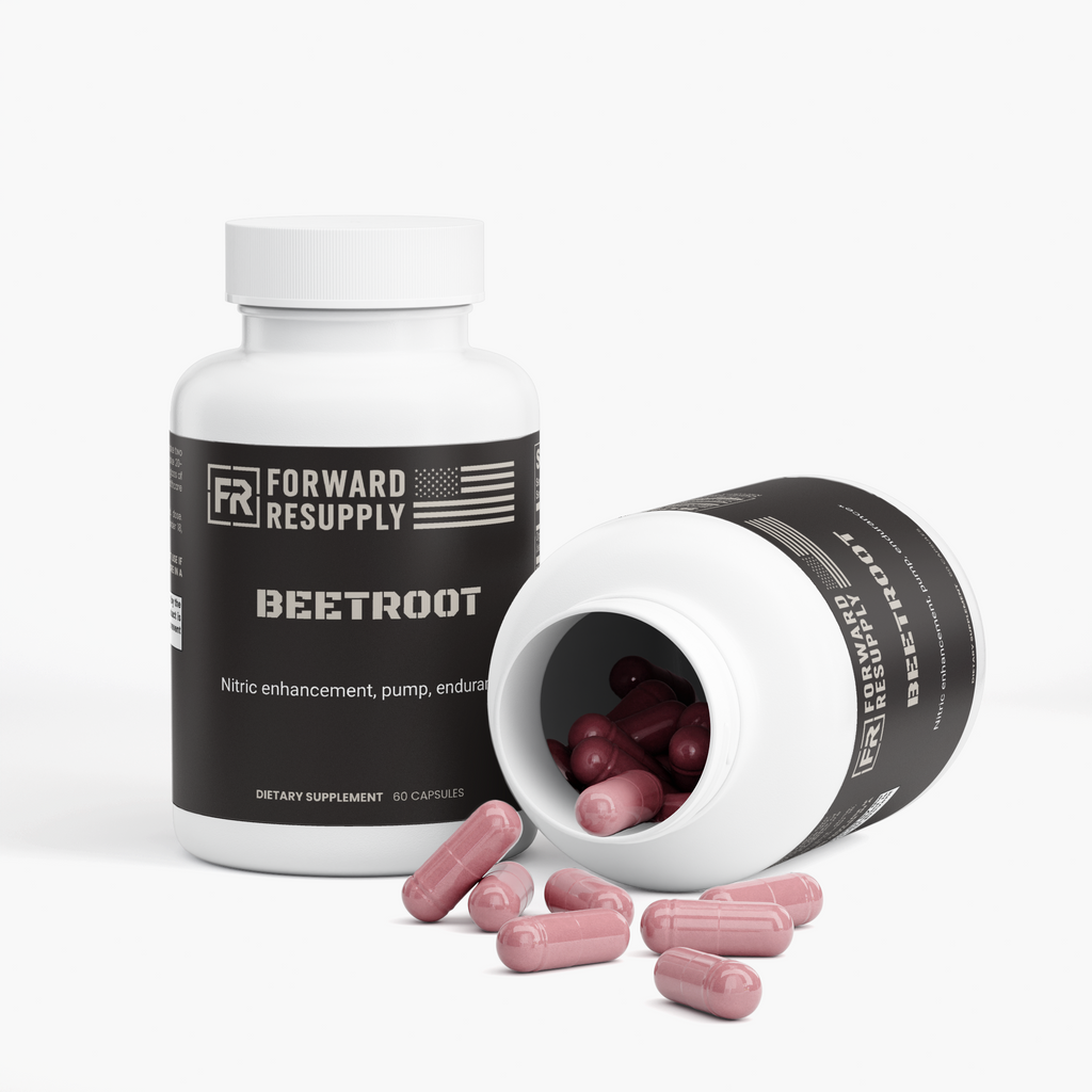 Dietary supplement bottle with open container spilling pink capsules
