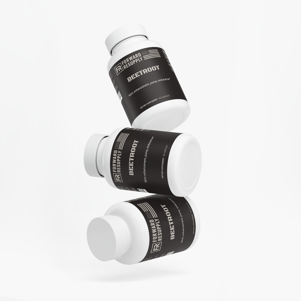 Dietary supplement bottle in angled view with black label and white cap