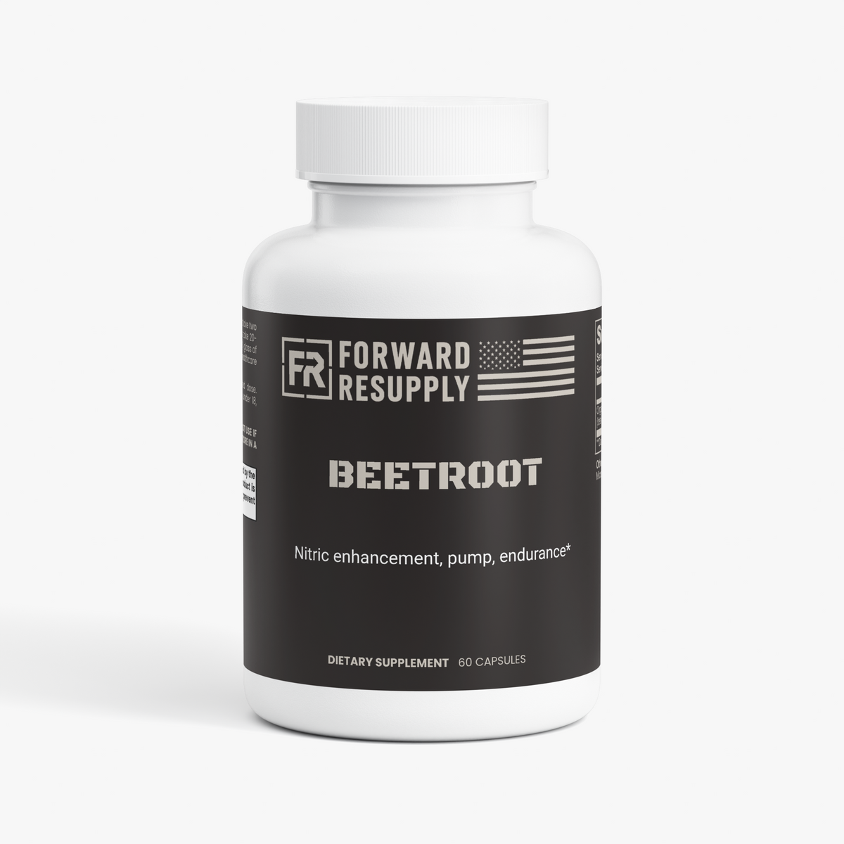 Dietary supplement bottle with black label and white cap; beetroot name printed