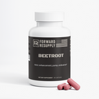Dietary supplement bottle with black label and white cap, with pink capsules beside it