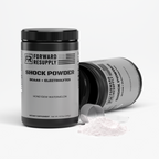 BCAA shock powder tubs, one tipped with powder spilled, honeydew watermelon label