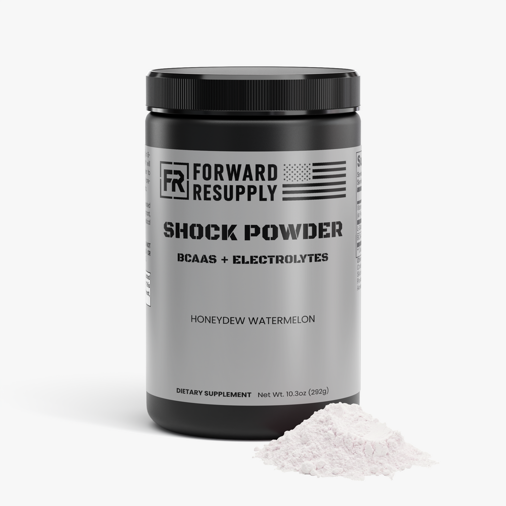 BCAA shock powder tub with loose white powder, honeydew watermelon flavor label
