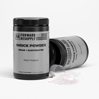 Two shock powder supplement jars with black lids and white powder on surface