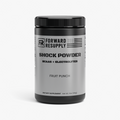 Shock powder supplement jar with black lid, fruit punch flavor label