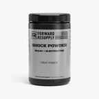 Shock powder supplement jar with black lid, fruit punch flavor label