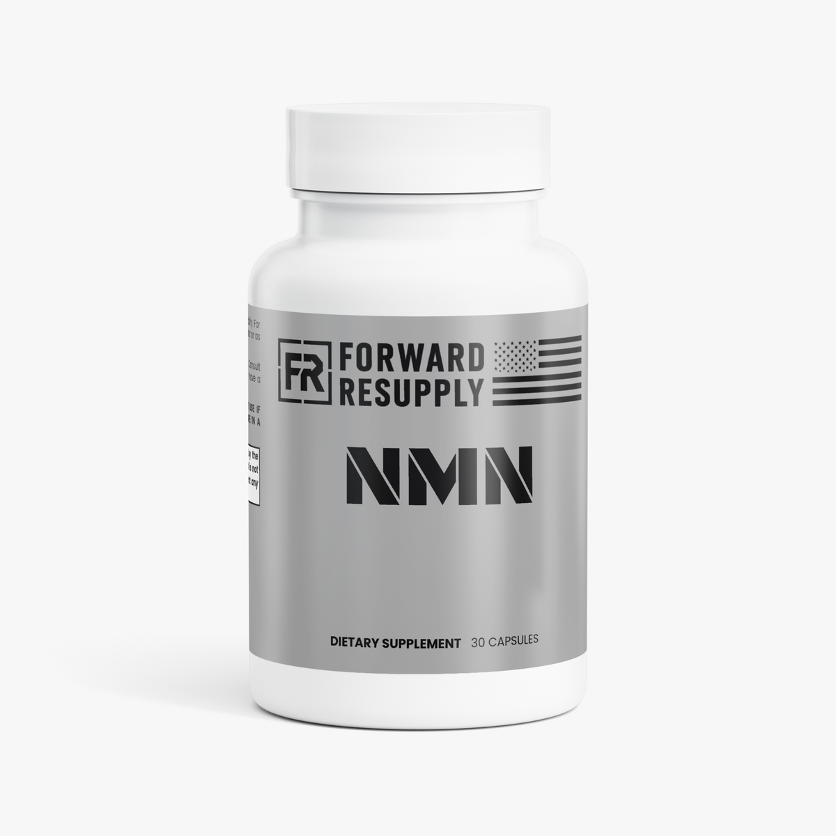 NMN dietary supplement bottle, white plastic with gray label and white cap