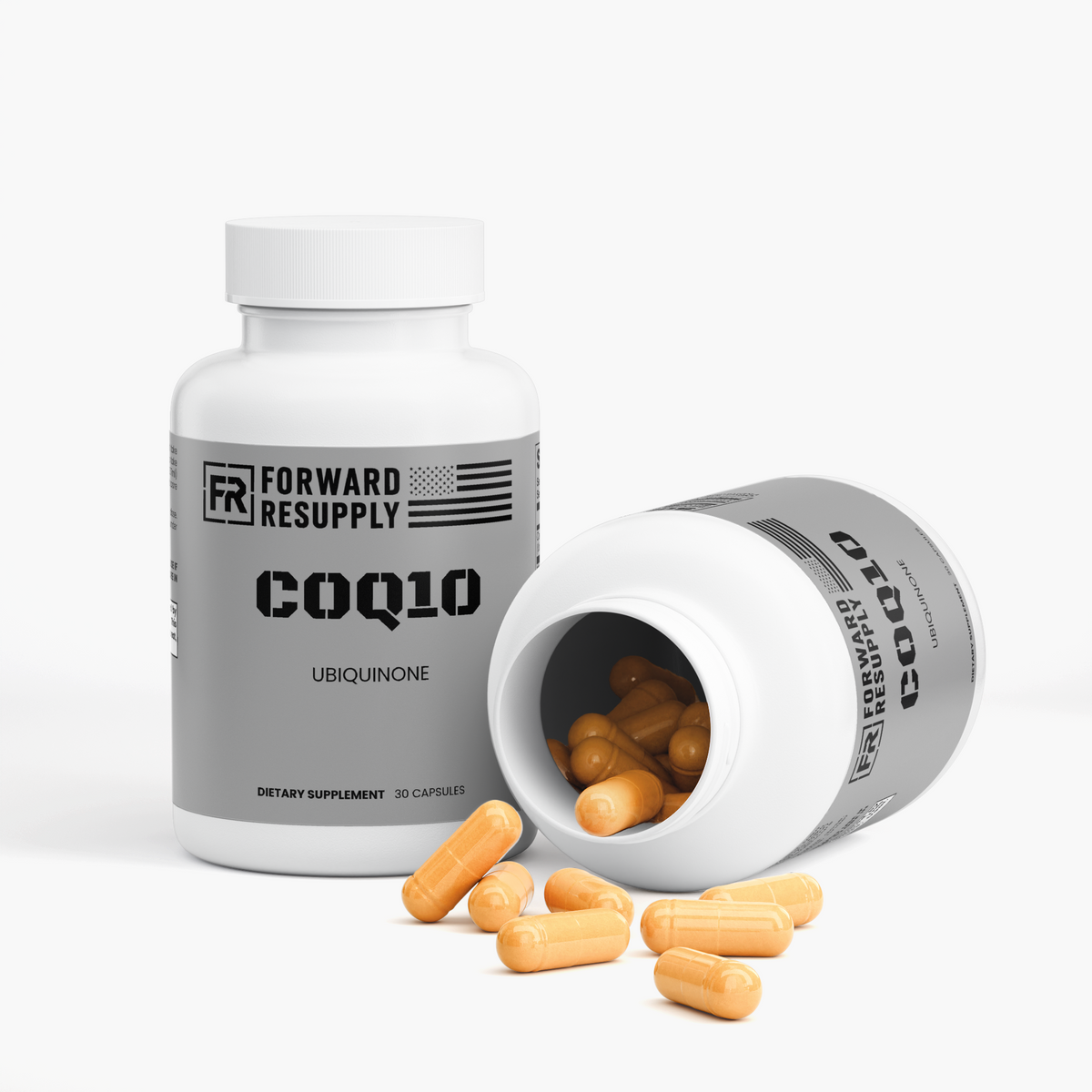 CoQ10 ubiquinone supplement bottle with opened cap and orange capsules spilling