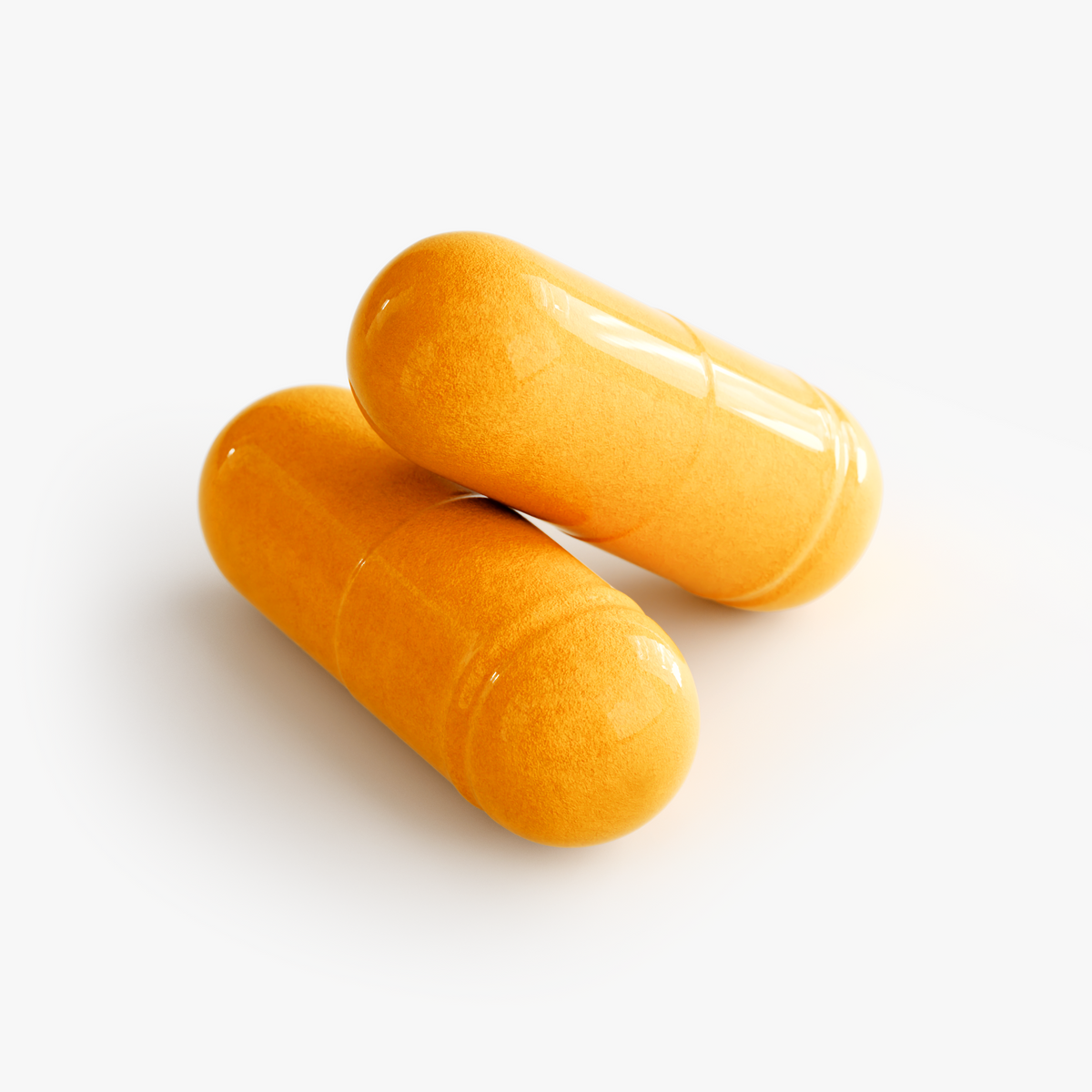 Orange CoQ10 ubiquinone capsules, two visible, gel form