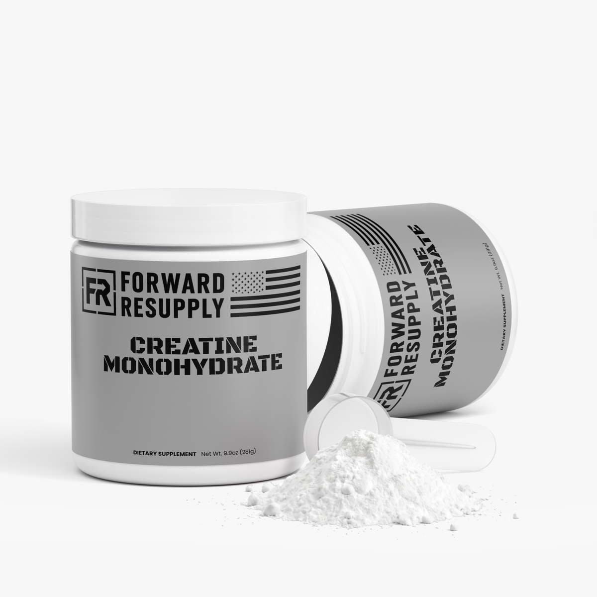 Creatine monohydrate supplement jars with scooped powder on the front