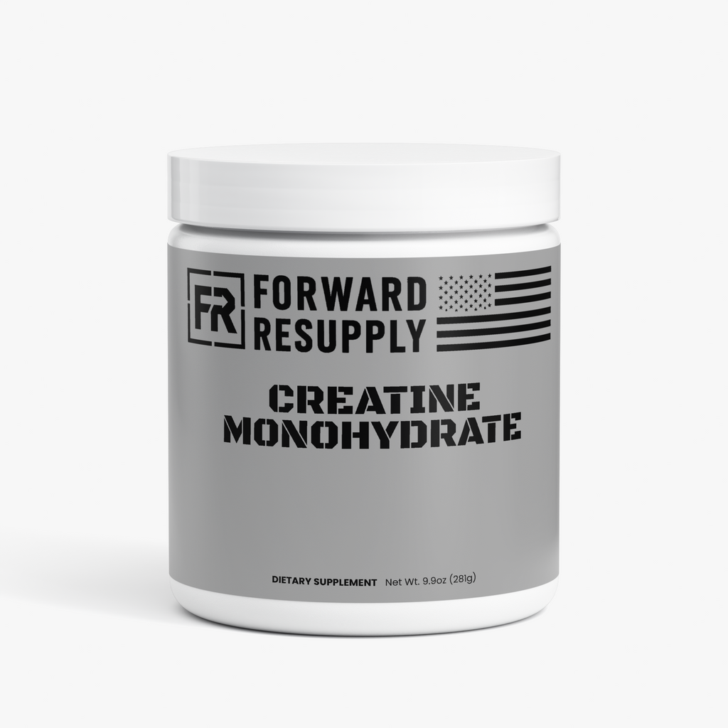 Creatine monohydrate supplement jar with white lid and gray front label
