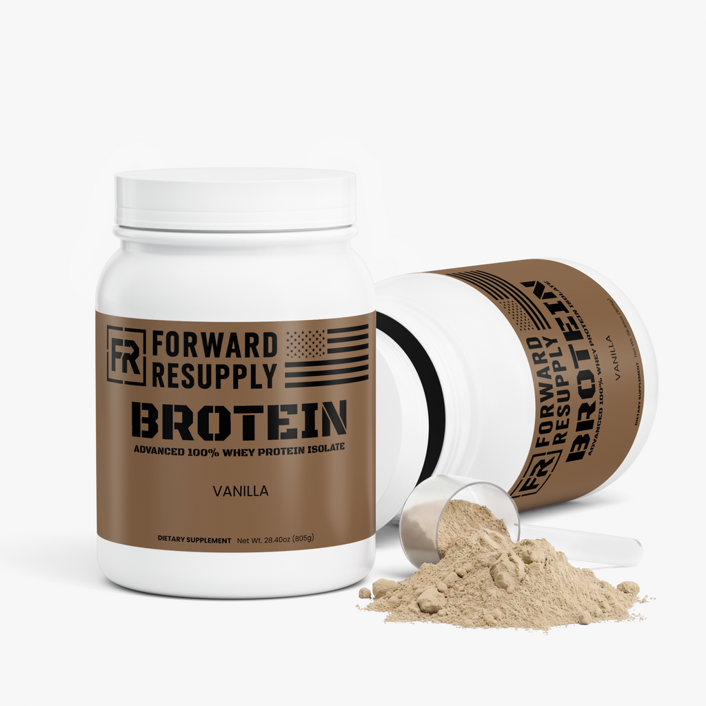 Whey protein isolate container with vanilla label, powder spill and scoop