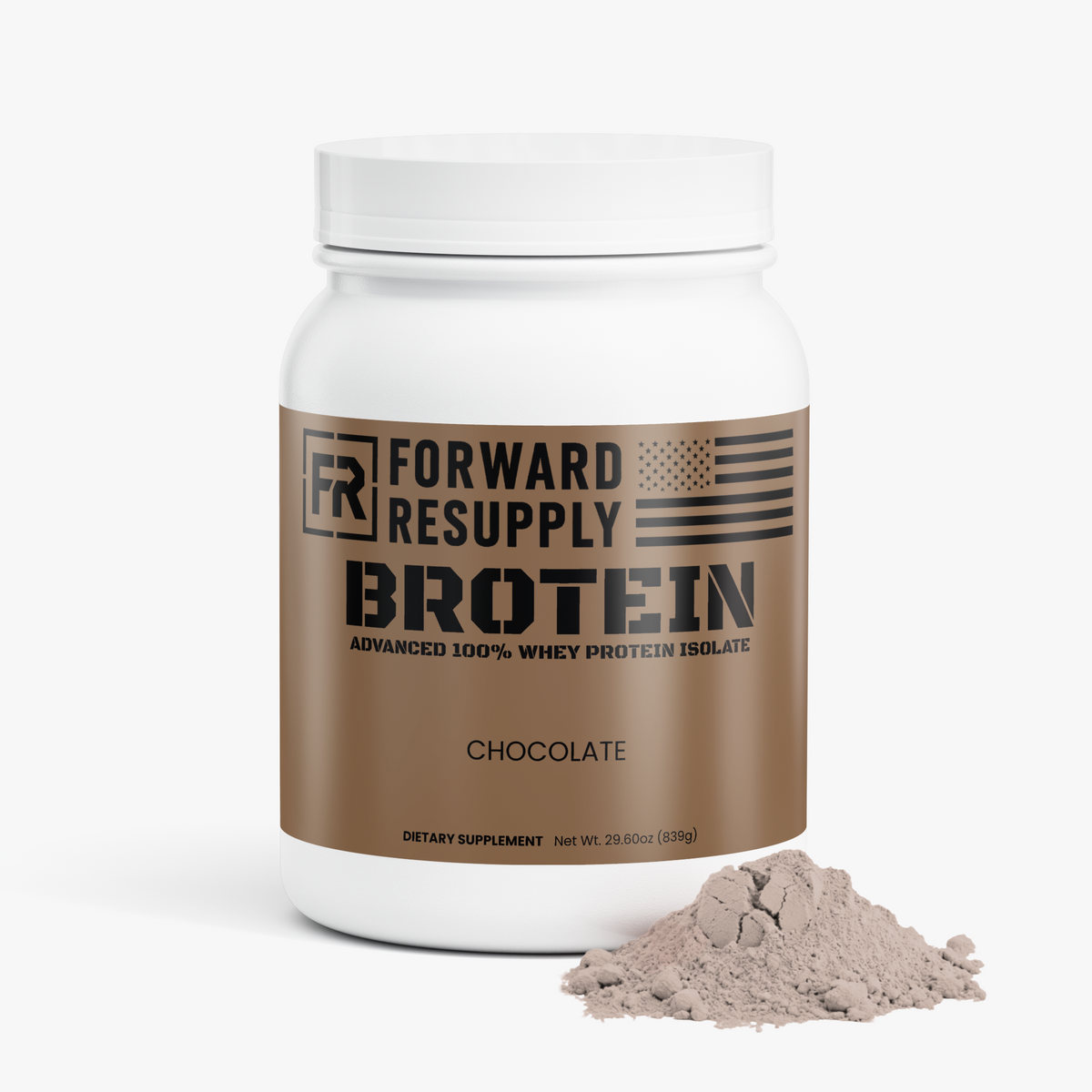 Chocolate whey protein isolate container with powder beside the tub