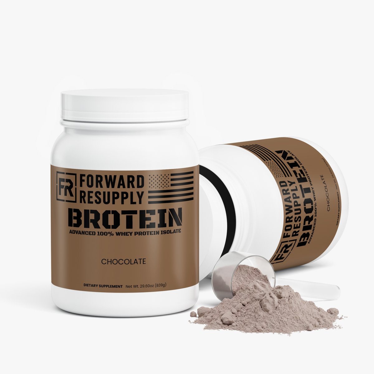 Chocolate whey protein isolate tub with open lid and powder spill on side