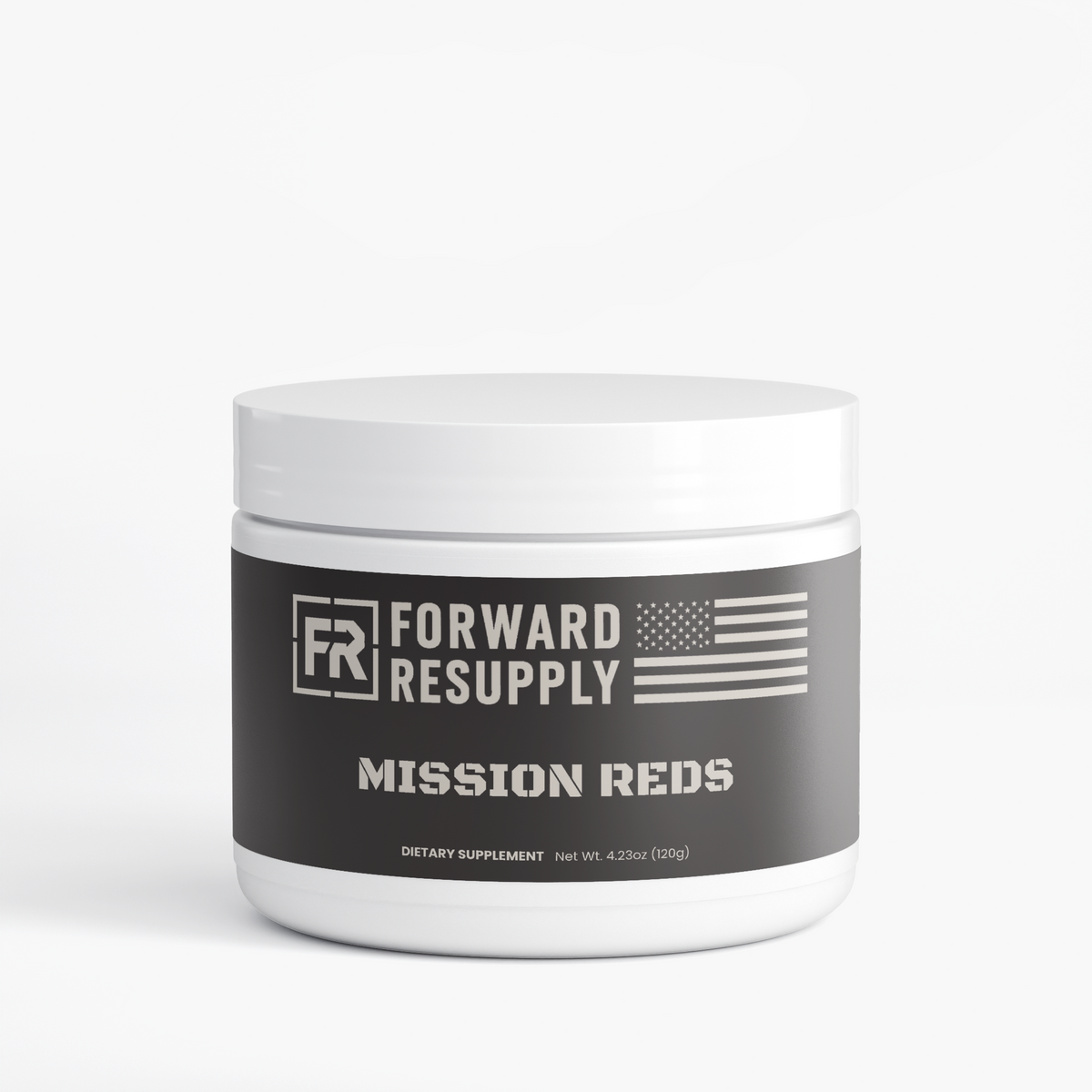Mission Reds dietary supplement jar with white lid and black label showing logo and text