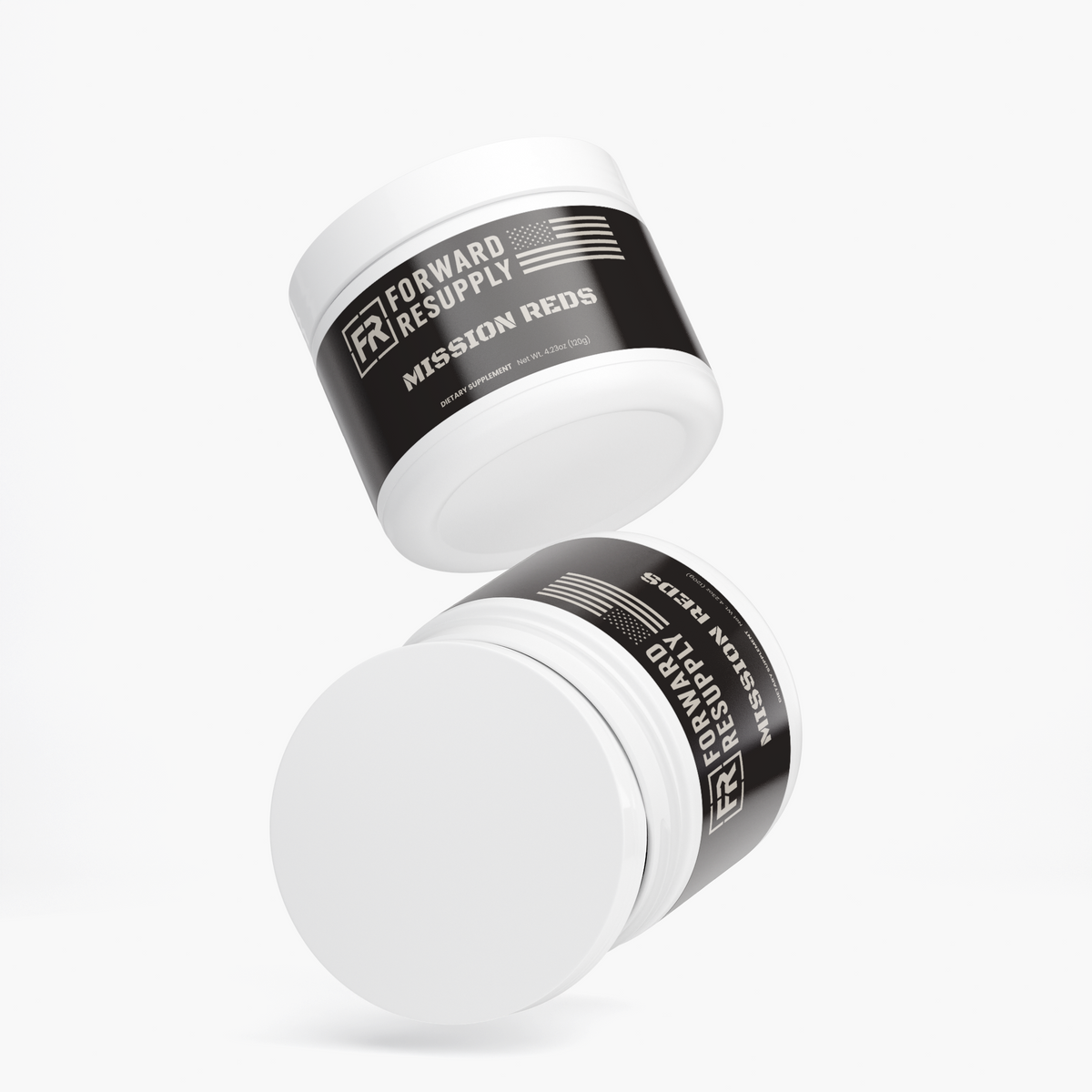 Dietary supplement containers with white body and black label wrap, angled view
