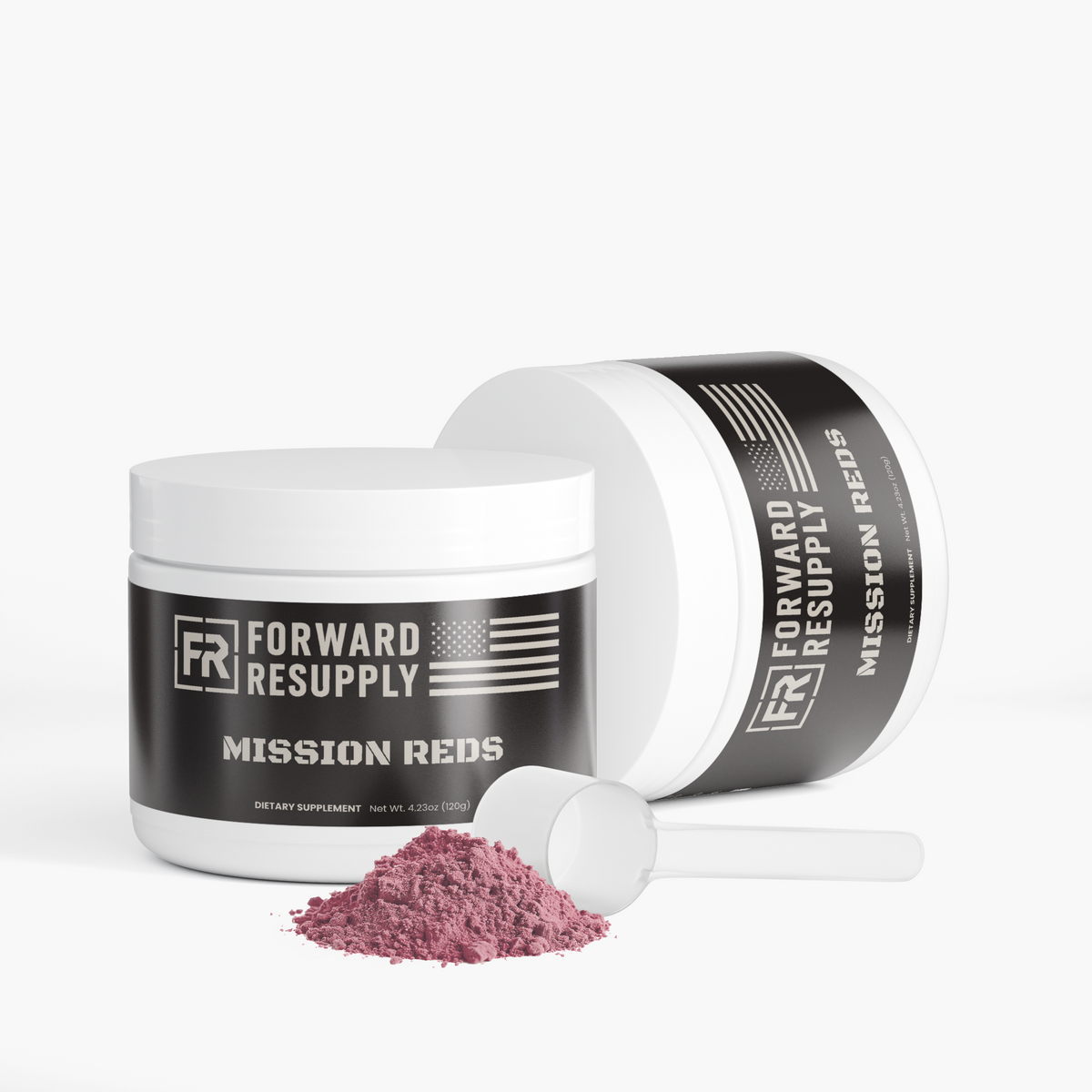 Dietary supplement jar with scoop and red powder, white lid, black label, product detail