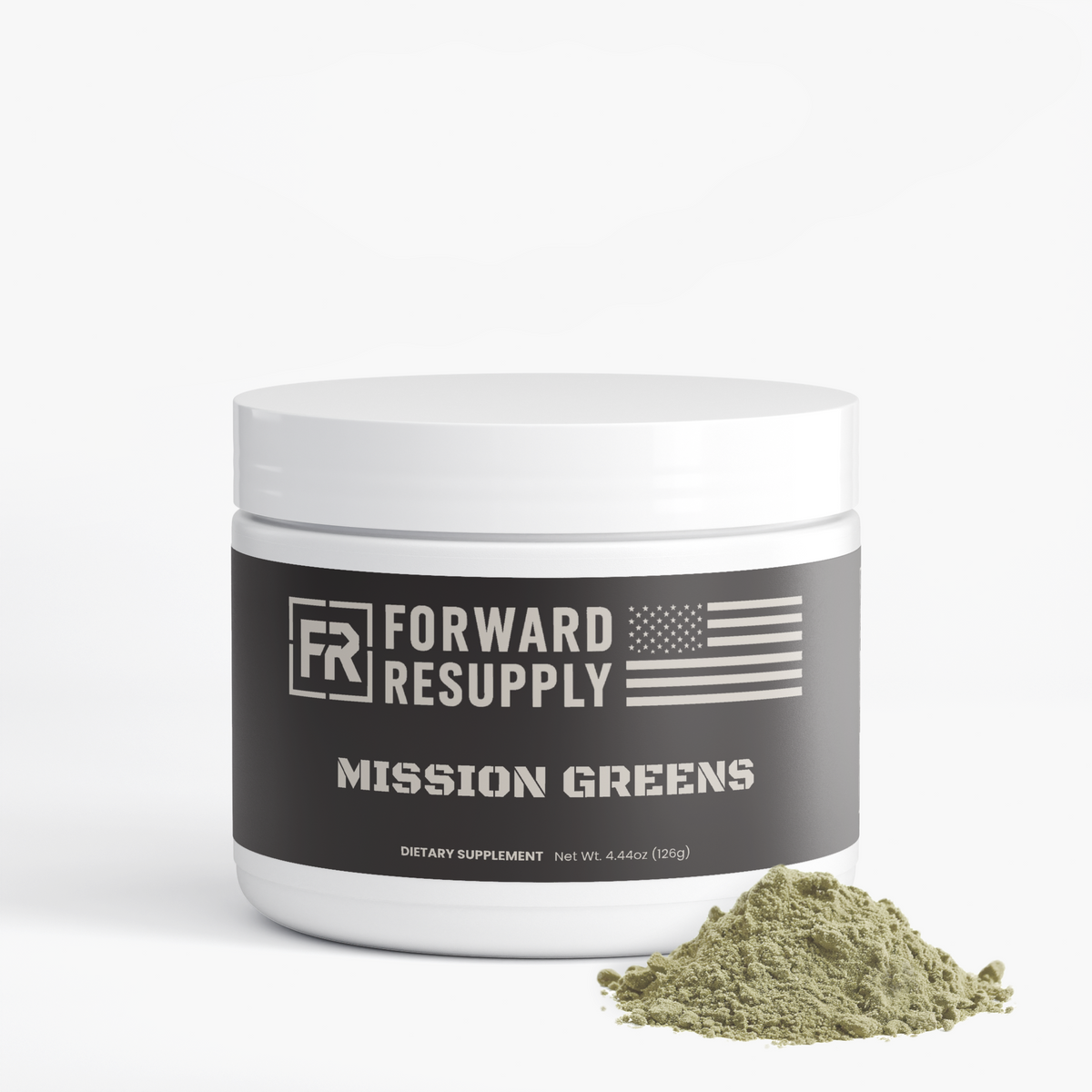 Dietary supplement tub with white lid and green powder pile near the base