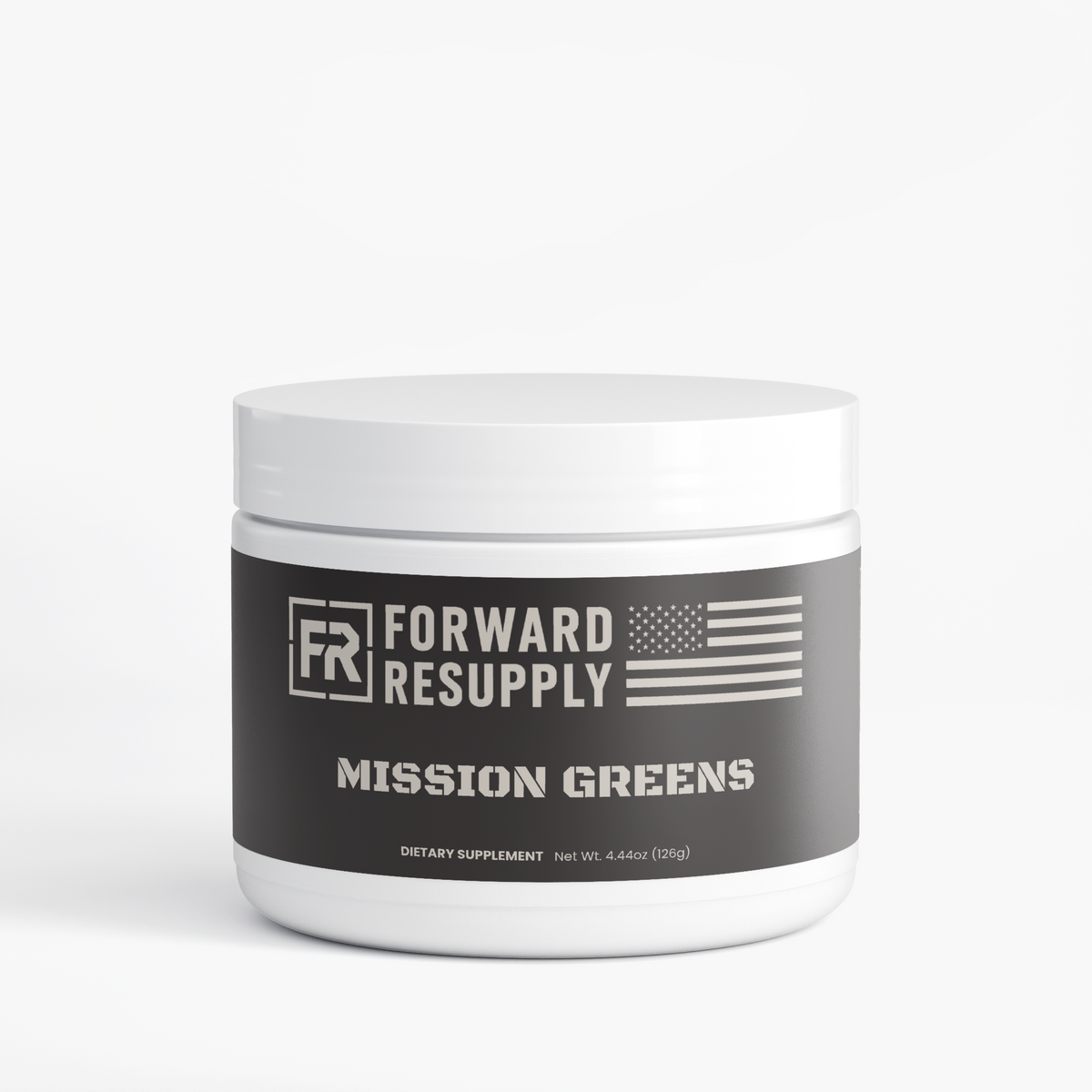 Mission Greens dietary supplement tub with white lid and black label