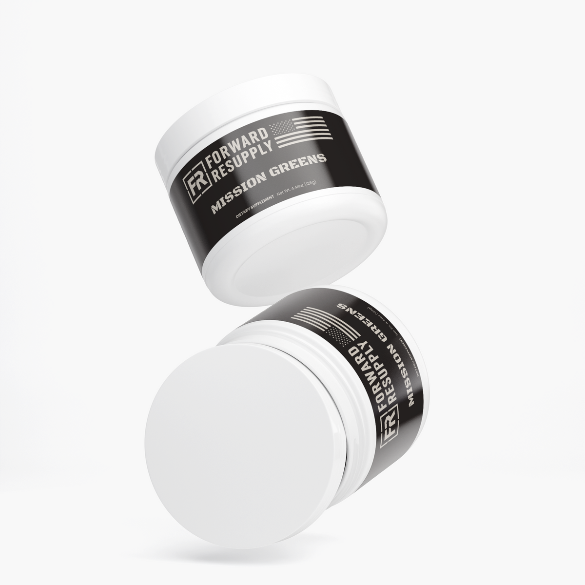 Dietary supplement tub with white lid, black label, shown from an angle