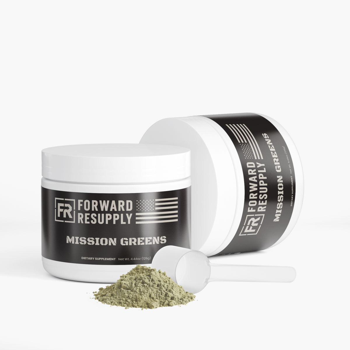 Dietary supplement tub with scooping spoon and green powder