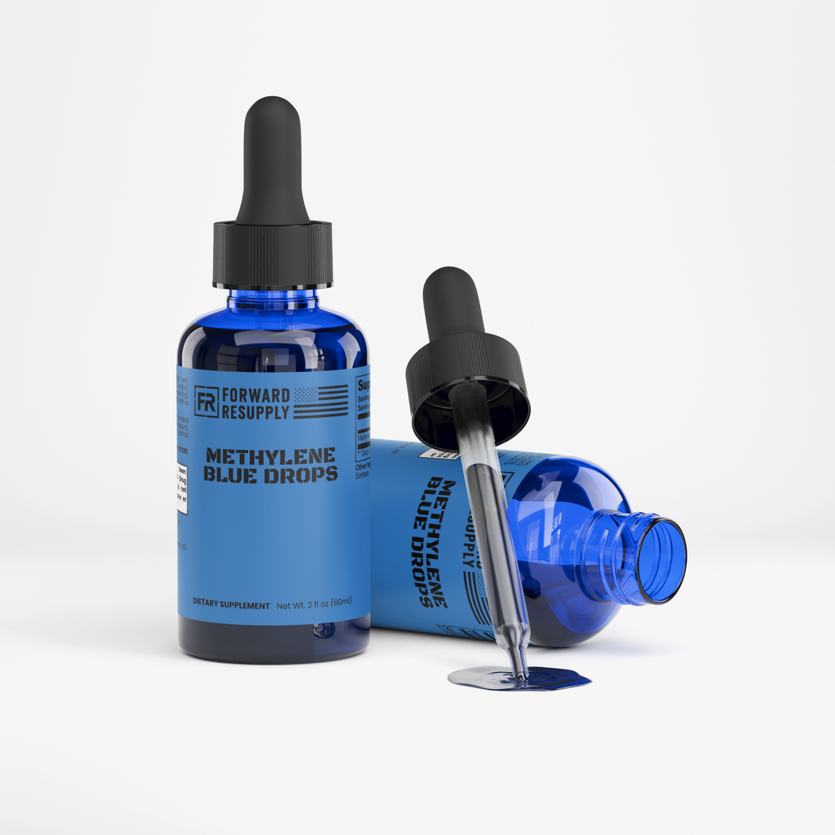 Blue dropper bottle with opened black dropper and blue liquid pool