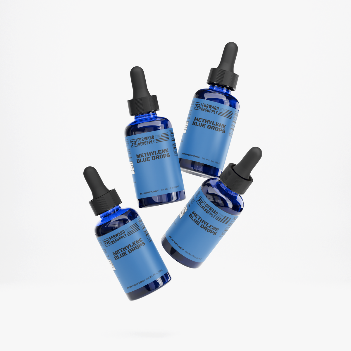 Set of four blue dropper bottles with black caps arranged together