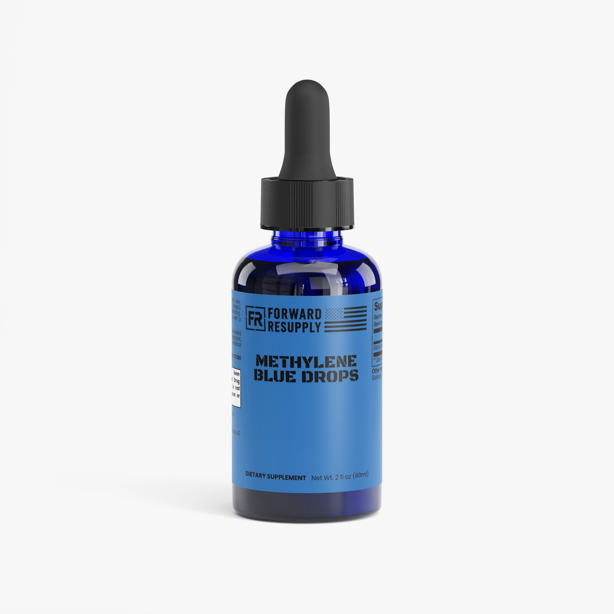 Blue dietary supplement dropper bottle with black cap and blue front label