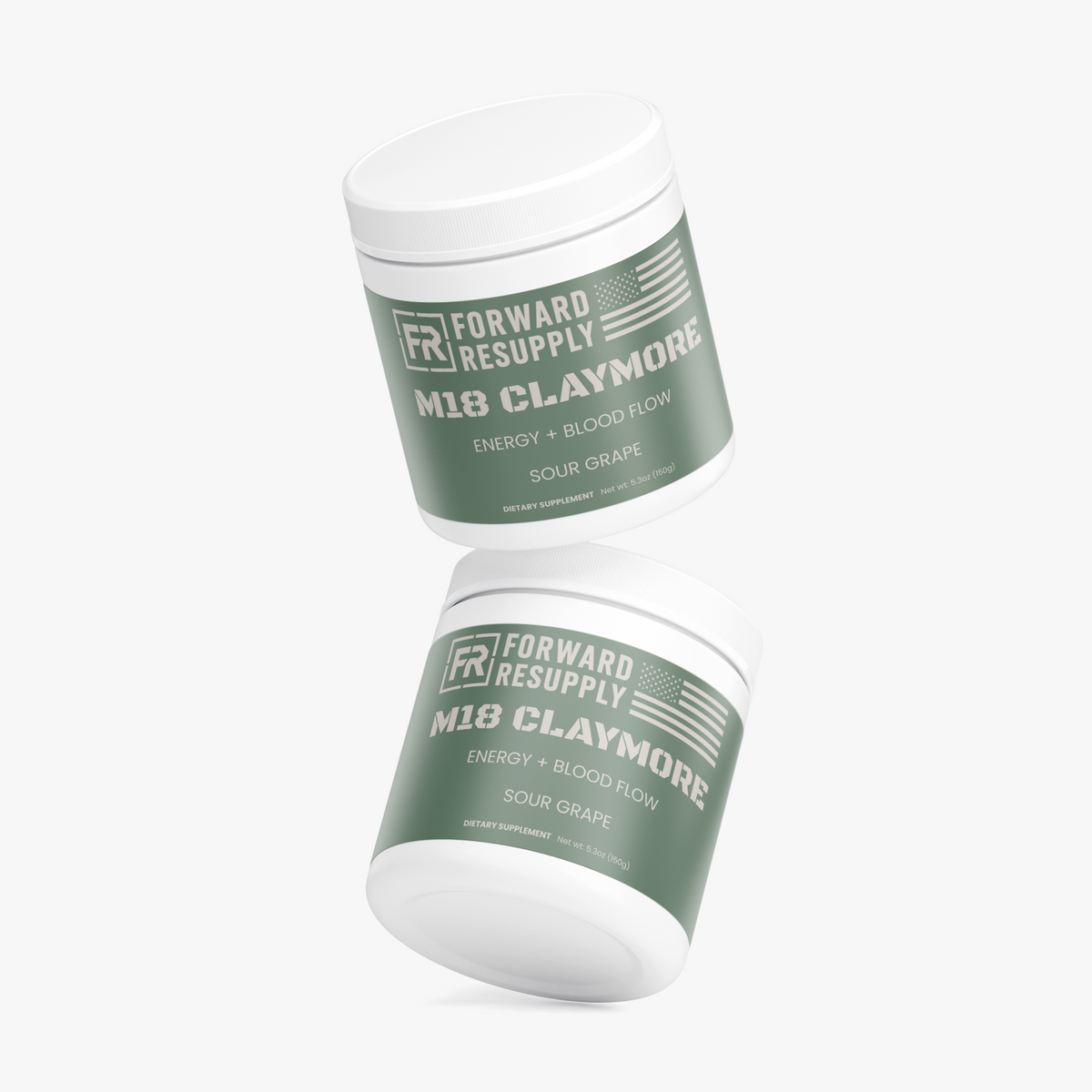 Green supplement jars, one tilted, both with white lids and printed label