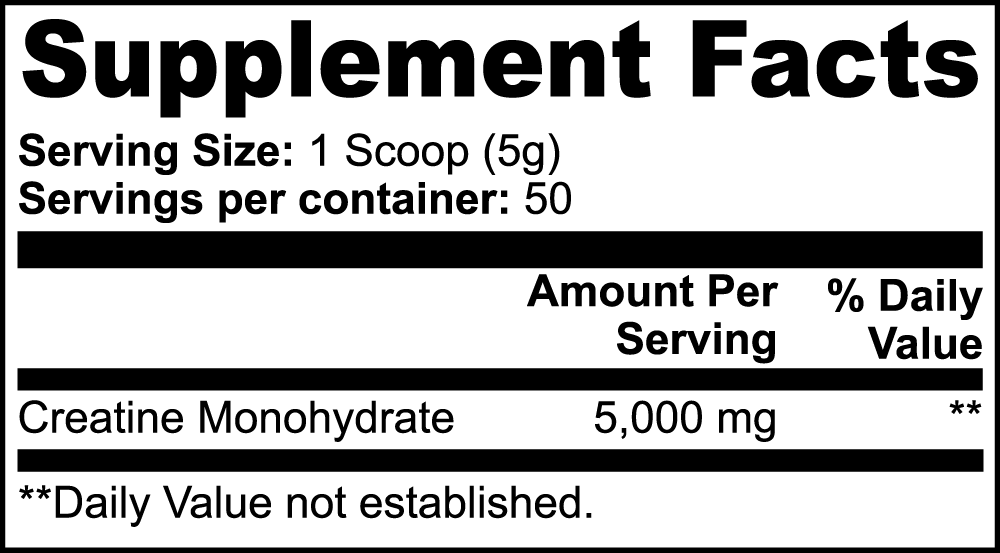 Supplement Facts panel: Creatine monohydrate, 1 scoop 5 g, 50 servings