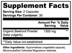 Supplement Facts panel: serving size 2 capsules; organic beetroot powder 1300 mg