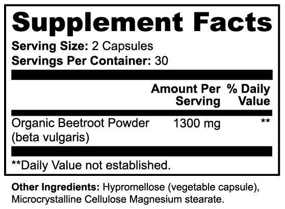 Supplement Facts panel: serving size 2 capsules; organic beetroot powder 1300 mg