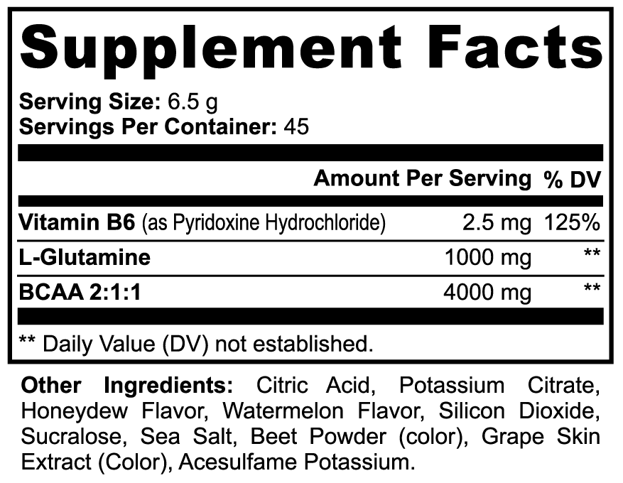 Supplement Facts panel: serving size 6.5 g; Vitamin B6 2.5 mg; L-Glutamine 1000 mg